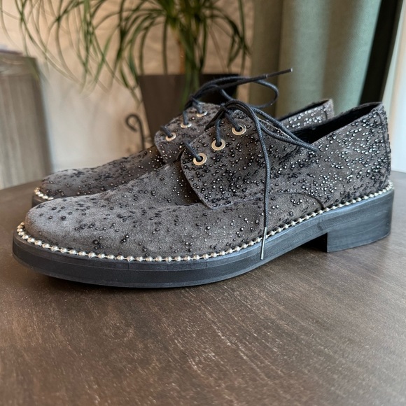 EUC Miista Adelaide Pewter Shine Suede & Leather Oxford Brogues - Size 38 - Picture 1 of 7